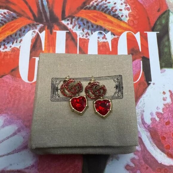 Gucci Red Crystal Heart Antique Gold Earrings - Picture 1 of 4